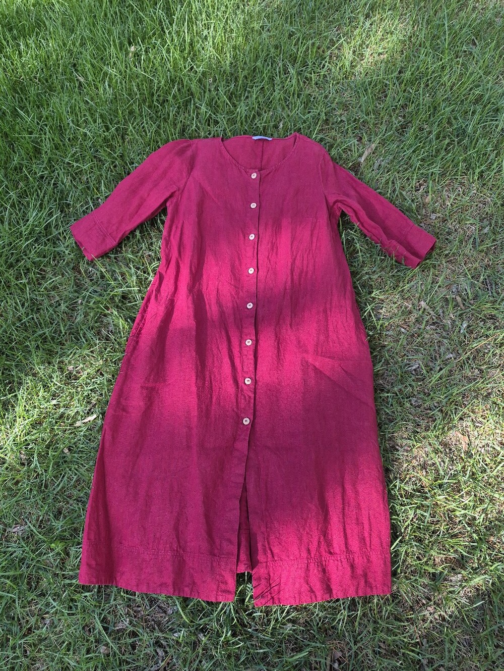 Linen Fox Red Linen Button Front Midi Dress, Size L - Picture 2 of 11